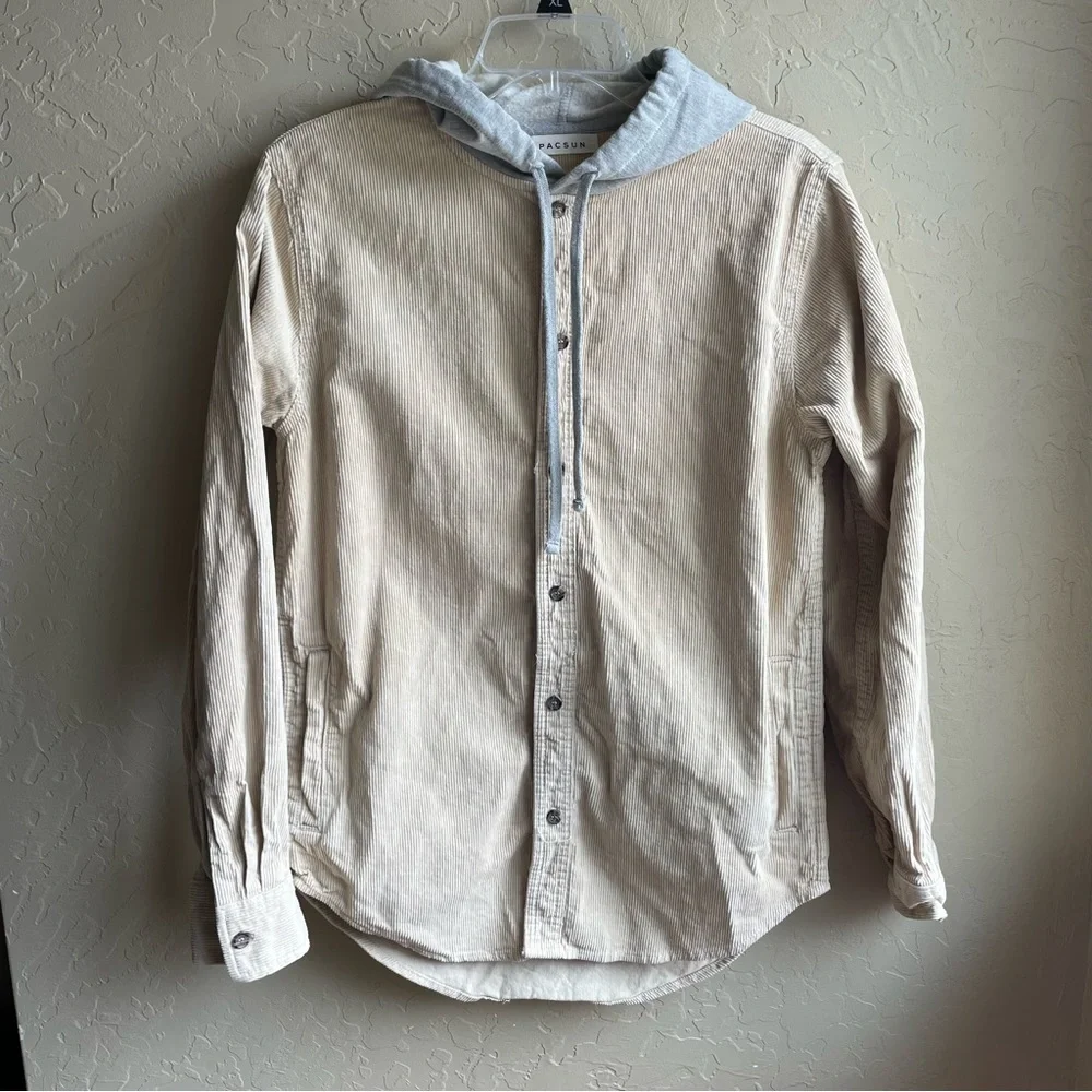 PacSun Tan Corduroy Hooded Shacket Shirt Jacket Beige Gray Hoodie Size Small